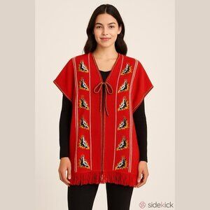Comanche Imports Serape Poncho Vest Red Fringe Mexico